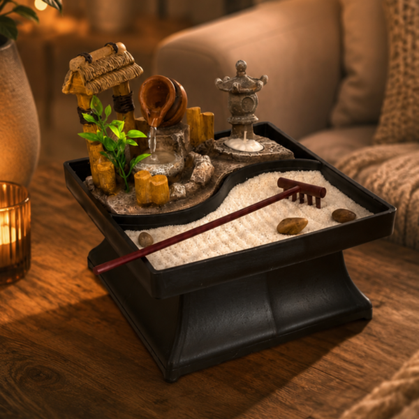fuente de agua con jardin zen y vela 19 cm
