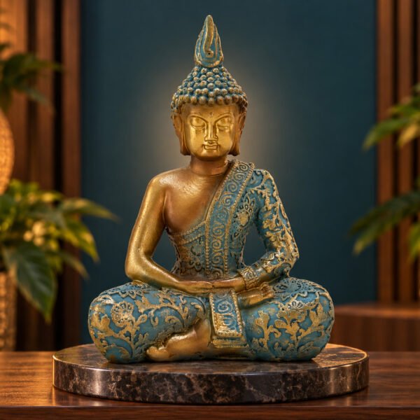 Buda meditando celeste y oro 12.3 cm